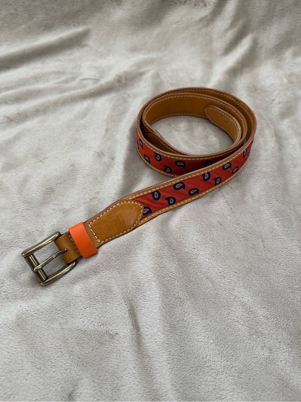 * Cole Haan Orange Paisley Accent Leather Belt with Tan Trim